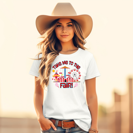 Take Me to the Fair Shirt, State County Fair T-Shirt, Summertime Festival Tee, Ferris Wheel Big Tex Cotton Candy, Iowa Texas Minnesota Fair. This tee features a graphic of carnival rides and cotton candy, by jaecrece