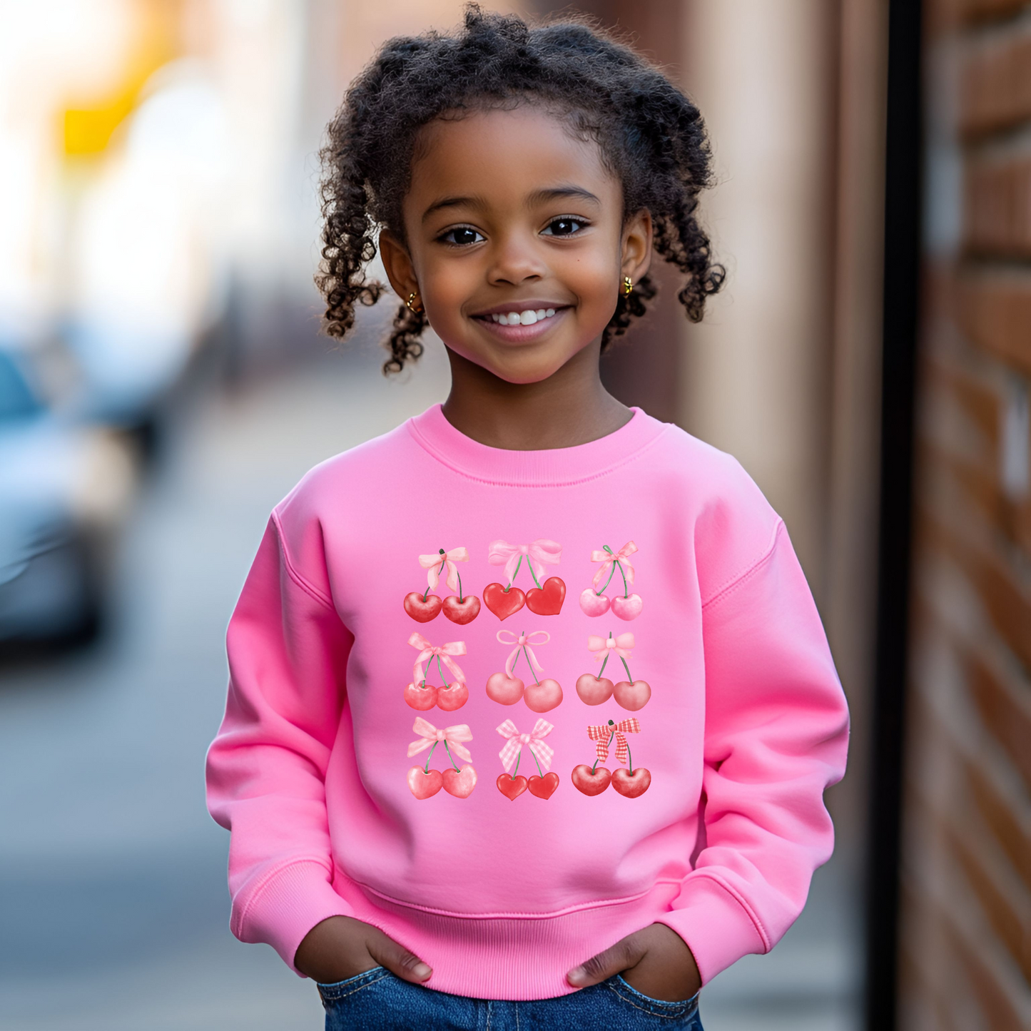 Image: Cherry Bow Girls Sweatshirt, available in Hot pink, White and dark gray. This coquette aesthetic shirt features 9 different cherries with bows, making a large soft girly graphic. Makes a great Valentines gift for toddlers and little girls, by jaecrece