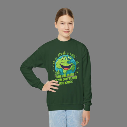 Image: Earth Day kids sweatshirt, available in white, black, grey, forest green and navy. Save the Planet youth unisex crewneck shirt with large cartoon smiling planet earth, with water and leaves. Text reads Save the Earth! Its the only planet with candy! Makes a great gift and reminder to save our planet, by jaecrece