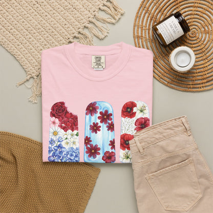 Women's Patriotic Floral T Shirt, Red White & Blue Fourth of July Tee, Matching Family Shirt