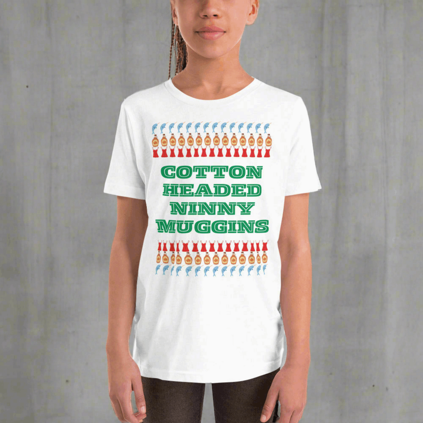 Cotton Headed Ninny Muggins child T-Shirt - youth holiday shirt for Elf Movie lovers. Comes in Black or white, features words “cotton headed ninny Muggins “ with narwhals, lingerie and maple syrup- all of Buddy the Elf’s favorite things- by jaecrece