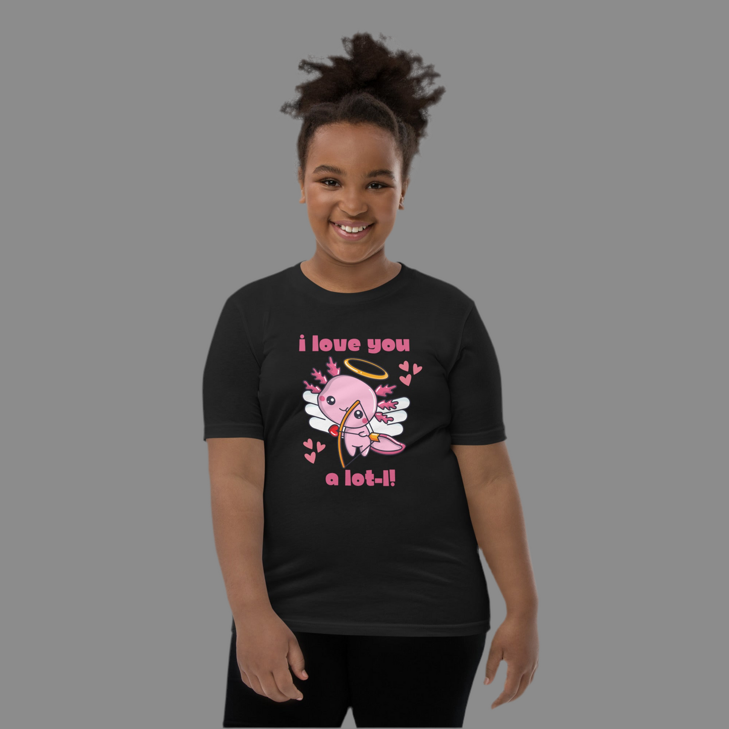 I Love You A Lot-L Youth Short Sleeve T-Shirt- this adorable Valentines Day tee shows your support for the axolotl population. It features a pink axolotl Cupid with the words I love you A Lot-L! The perfect gift for an  animal lover, by jaecrece