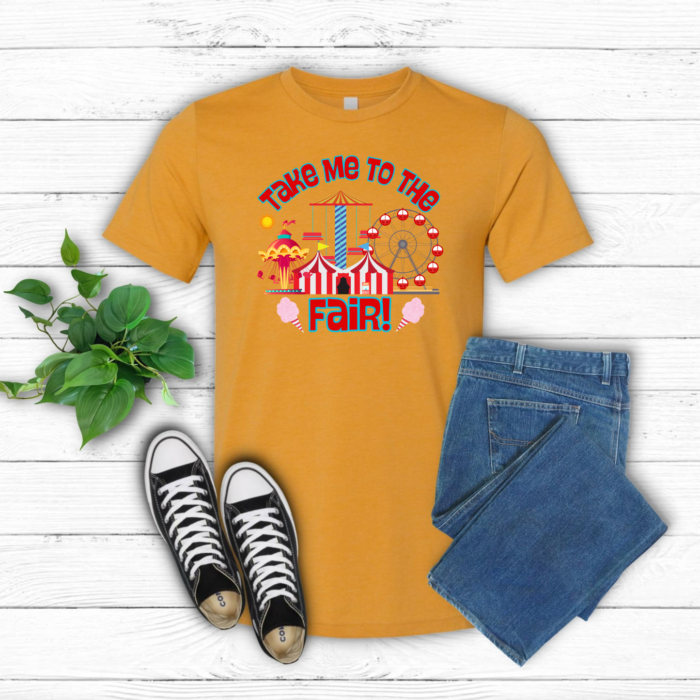 Take Me to the Fair Shirt, State County Fair T-Shirt, Summertime Festival Tee, Ferris Wheel Big Tex Cotton Candy, Iowa Texas Minnesota Fair. This tee features a graphic of carnival rides and cotton candy, by jaecrece