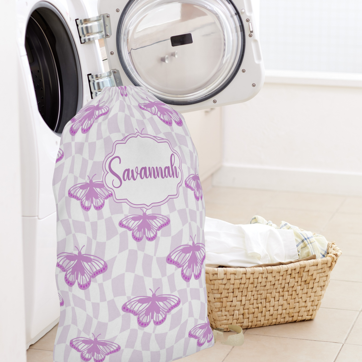 Purple Butterfly Pattern Laundry Bag | Personalized Name Option