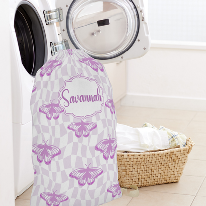 Purple Butterfly Pattern Laundry Bag | Personalized Name Option