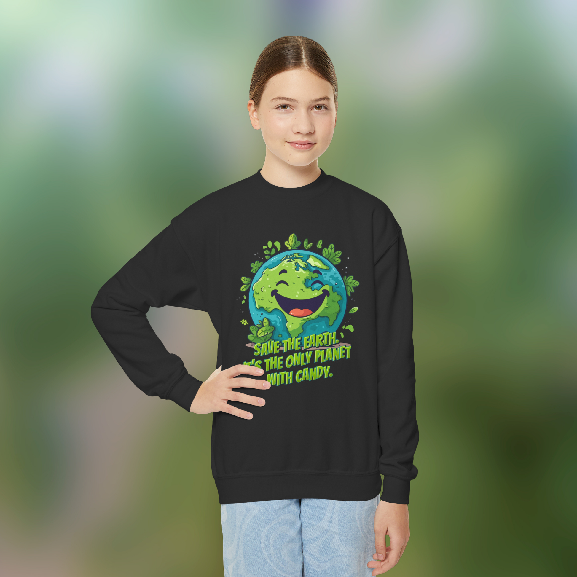 Image: Earth Day kids sweatshirt, available in white, black, grey, forest green and navy. Save the Planet youth unisex crewneck shirt with large cartoon smiling planet earth, with water and leaves. Text reads Save the Earth! Its the only planet with candy! Makes a great gift and reminder to save our planet, by jaecrece