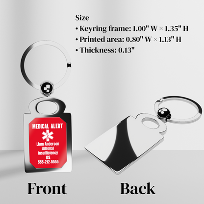 Red Medical Alert Cross Rectangle Keyring — Personalized Type 1 Diabetes ID Keychain (Includes ICE Emergency Number)
