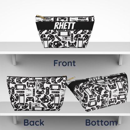 White & Black Retro Gaming Controllers Accessory Pouch | Personalized Name