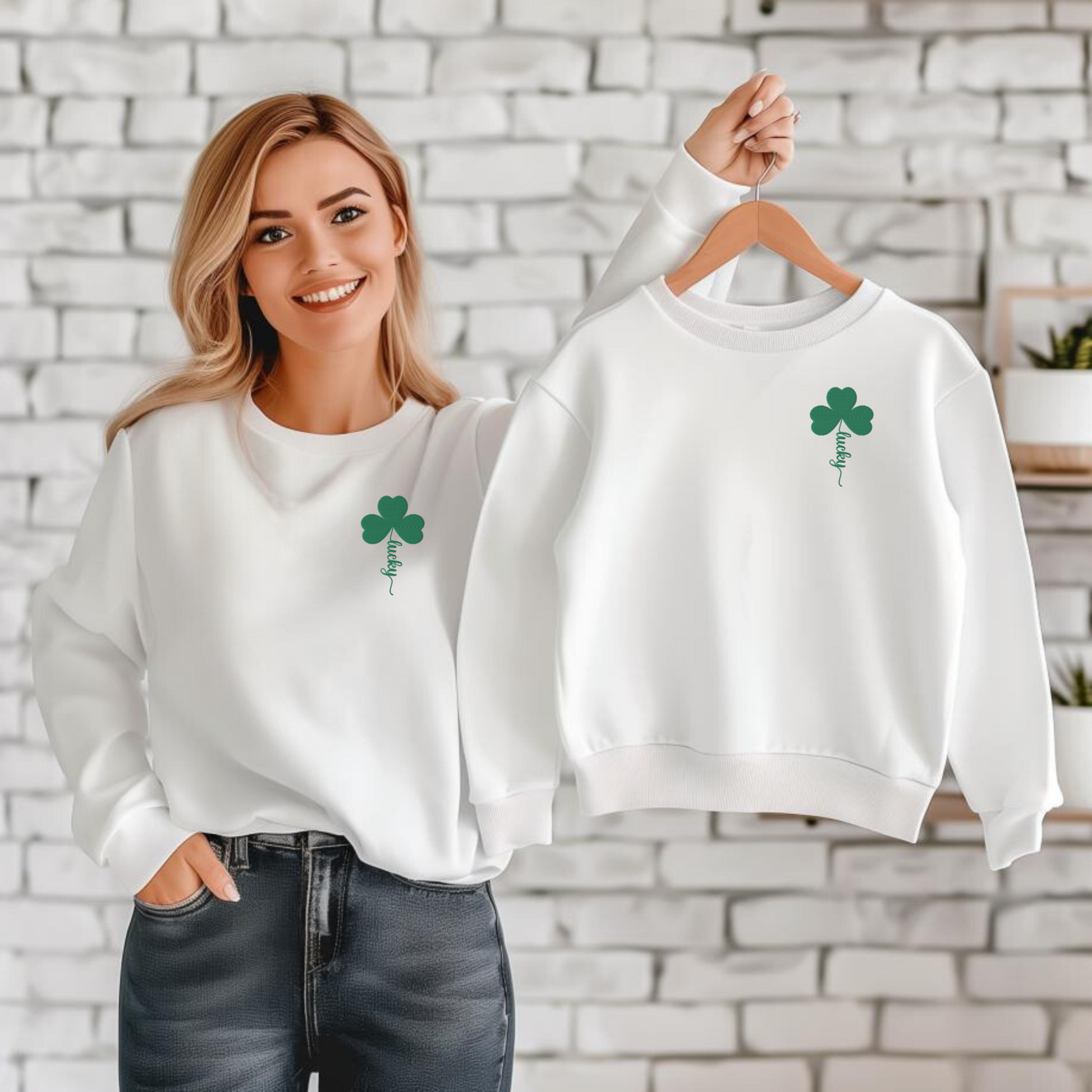 Image: Family matching St Patricks Day Emboidered Shamrock Lucky Sweatshirt. This white crewneck pullover has embroidered green four leaf clover, and stem of the  clover spells Lucky. Available in sizes for toddlers, girls, boys tweens, by jaecrece