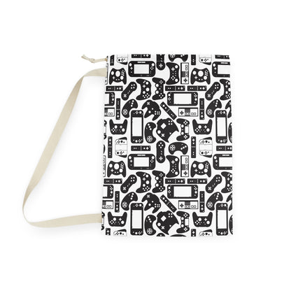 Black & White Gamer Laundry Bag, Custom Name Drawstring Laundry Bag