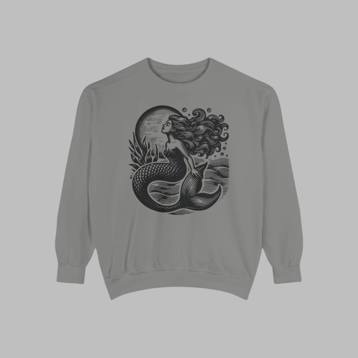 Image: Mermaid  Sweatshirt, Vintage Ocean Vibes Sweatshirt. Pullover crewneck features large black graphic with mermaid in front of the moon, in the ocean waves. Gift for women and teens who love a vintage ocean aesthetic and mermaidcore, by jaecrece