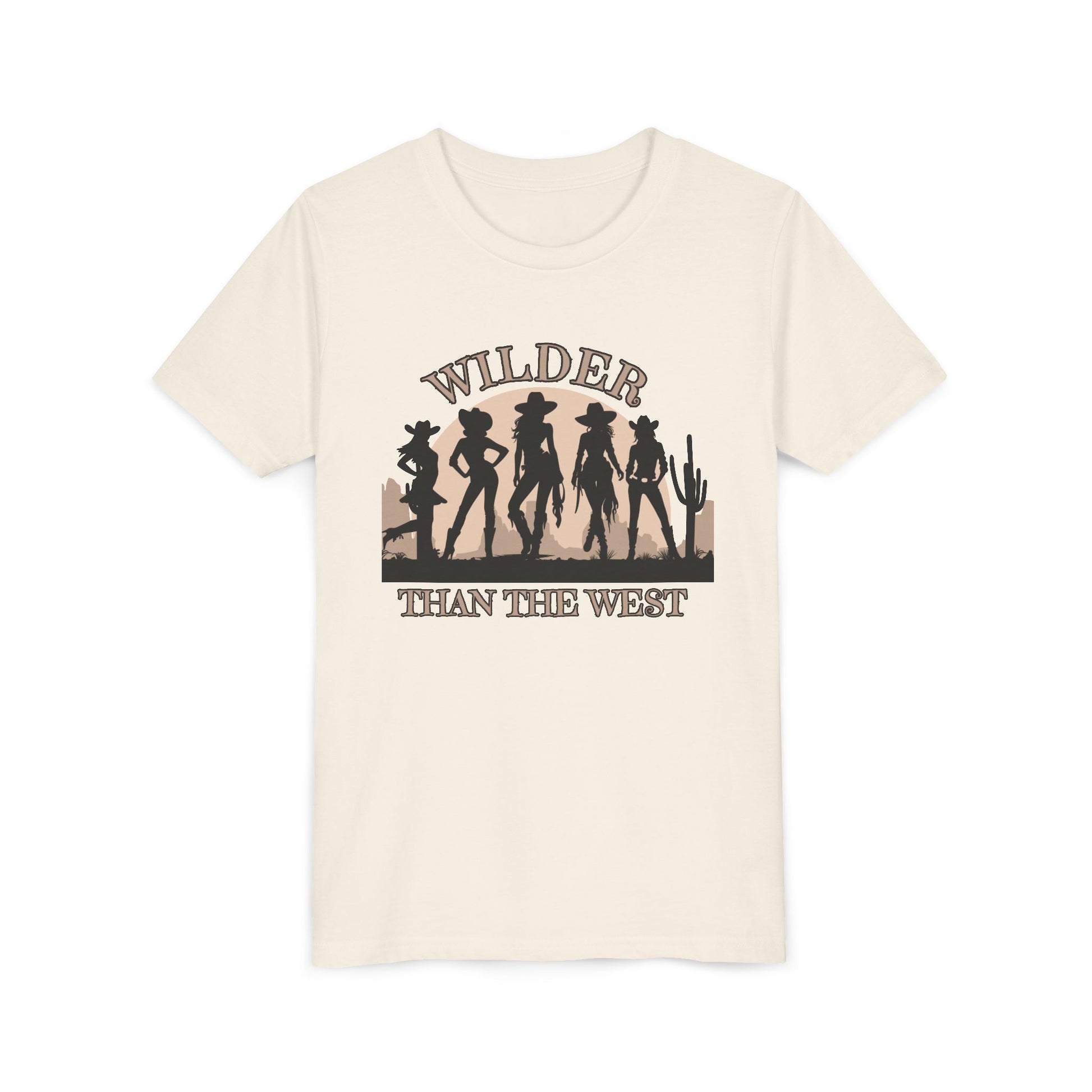 Natural youth shirt with “Wilder than the West” printed over five cowgirl silhouettes, sunset, and desert cactus. Available in sizes S–XL, this western cowgirl silhouette tee is perfect for southern girls who love state fair rides, western boots, and bold graphic quotes. Match it with women’s and toddler sizes for a coordinated mama mini look, ideal for rodeos, vintage festivals, and Texas-inspired fun.