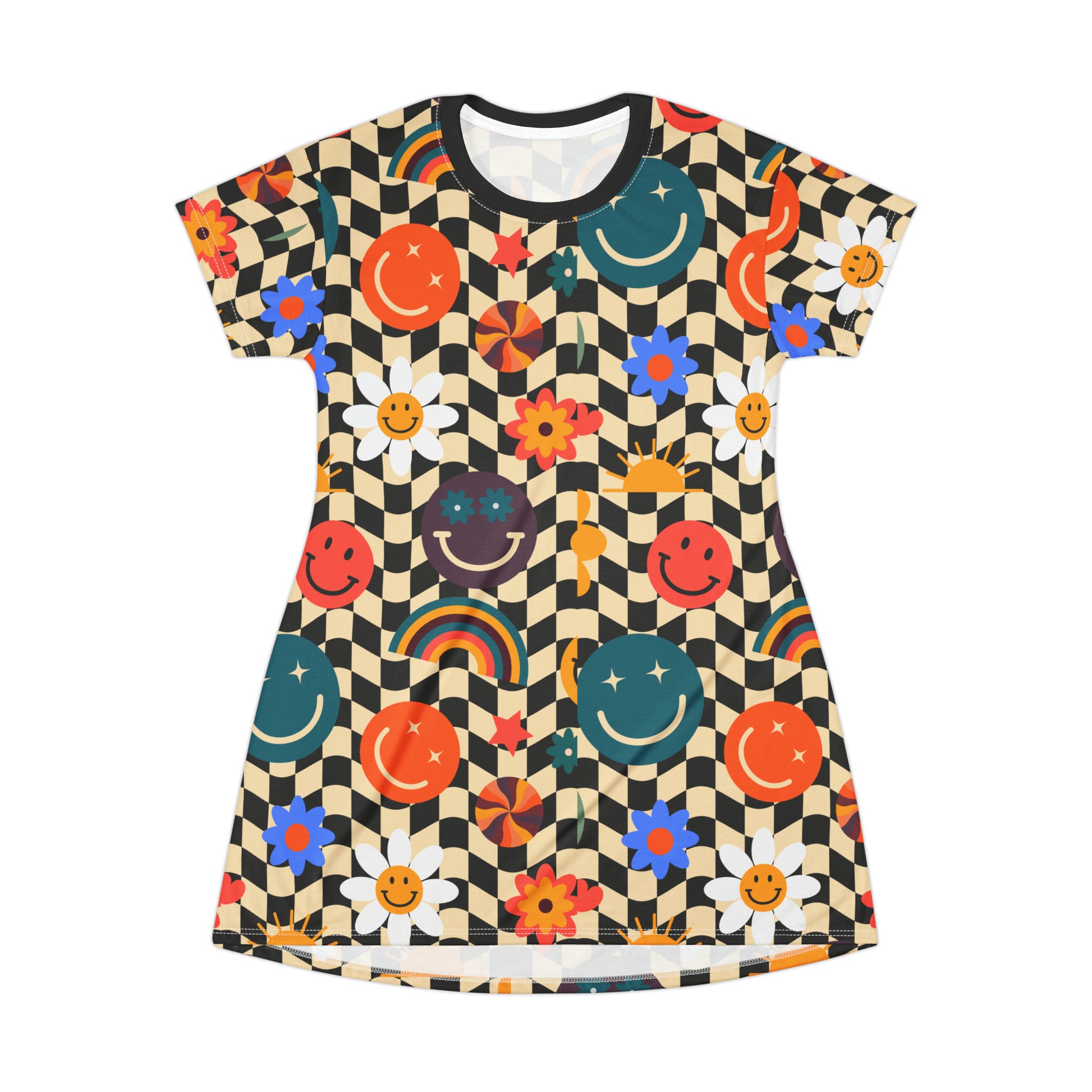 Smiley Face Checkerboard Womens TShirt Dress. This cute knee length casual dress features a black and khaki checkerboard background, with smiley face, rainbow and daisy graphics. It is perfect for spring and summer casual events. By jaecrece.com