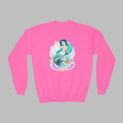 Image: Mermaid Sweatshirt for Little Girls. Pullover crewneck sweatshirt features a mermaid with blue hair and scales, swimming in a shell, with bubbles and seashells. This mermaidcore sweater is available in white, navy and hot pink, by jaecrece