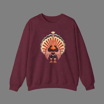 Image: Turkey Day Sweatshirt in Womens Sizes. This Turkey Day Sweater features a large Turkey making the love sign with his hands. This cozy pullover makes a perfect gift, by jaecrece