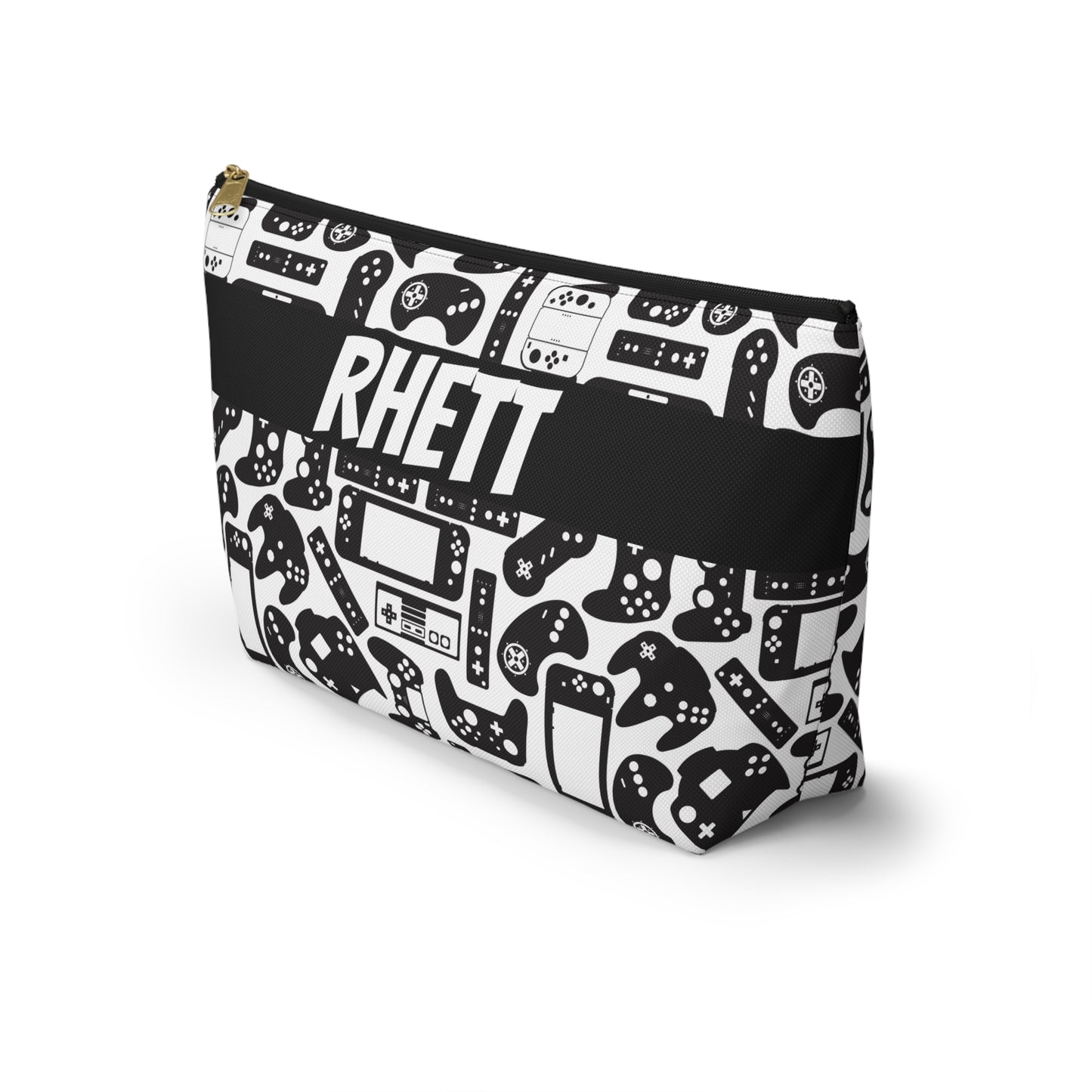 White & Black Retro Gaming Controllers Accessory Pouch | Personalized Name
