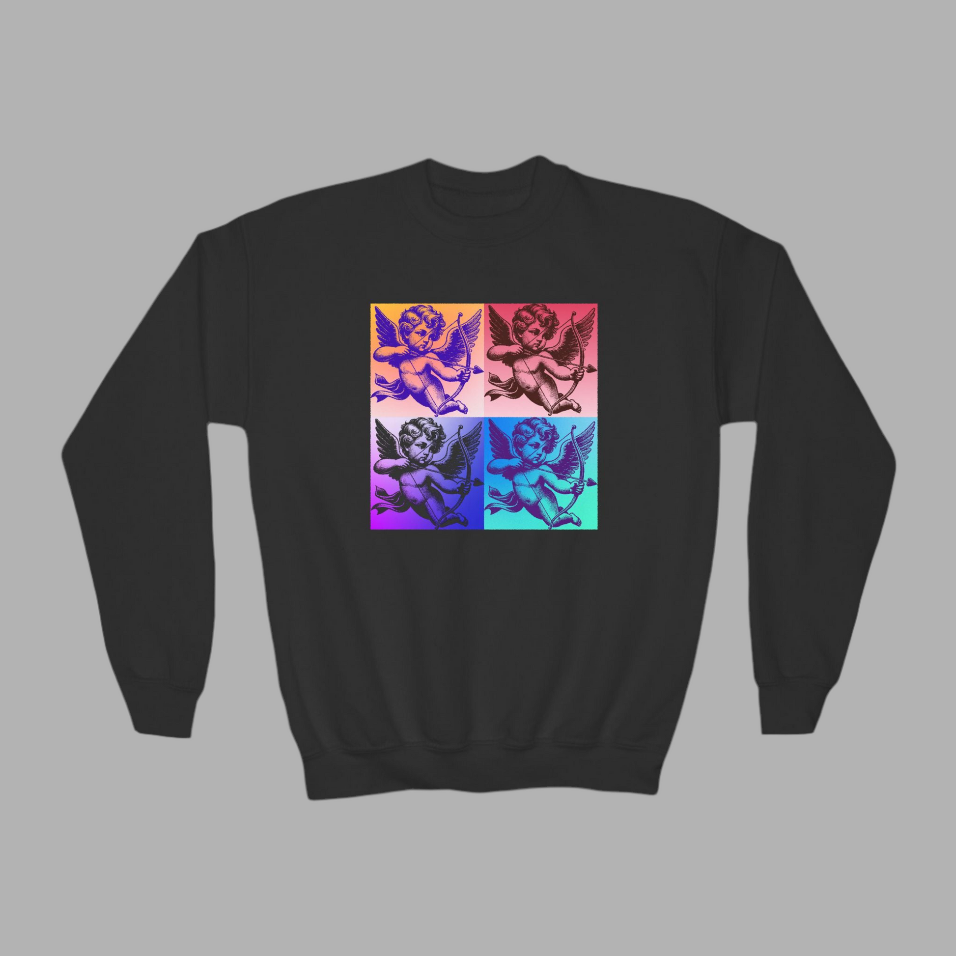This youth girls Pop Art Cupid sweatshirt in sizes XS–XL is perfect for Valentine’s Day celebrations, school parties, or matching mommy and me outfits. Featuring a playful graphic heart and Cupid in bold retro colors, this 1960s-inspired design is great for girls, tweens, and teens who love expressive, artistic fashion. Cozy, cute, and easy to pair with leggings or jeans for a festive look on February 14th.