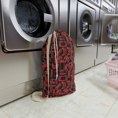 Black & Red Gamer Laundry Bag, Custom Name Drawstring Laundry Bag