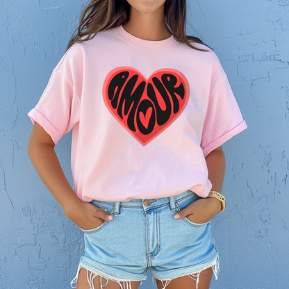 This Amour Love Women’s T-shirt brings Parisian flair to your Valentine’s Day outfit. With a bold heart graphic and the French word “Amour,” this coquette tee in sizes XS–5XL is perfect for moms, teachers, or stylish women who love French fashion. A cozy, feminine gift for a Francophile or for matching mommy and me looks. Ideal for casual Galentine’s parties, family photos, or romantic Paris getaways with a soft girl vibe.