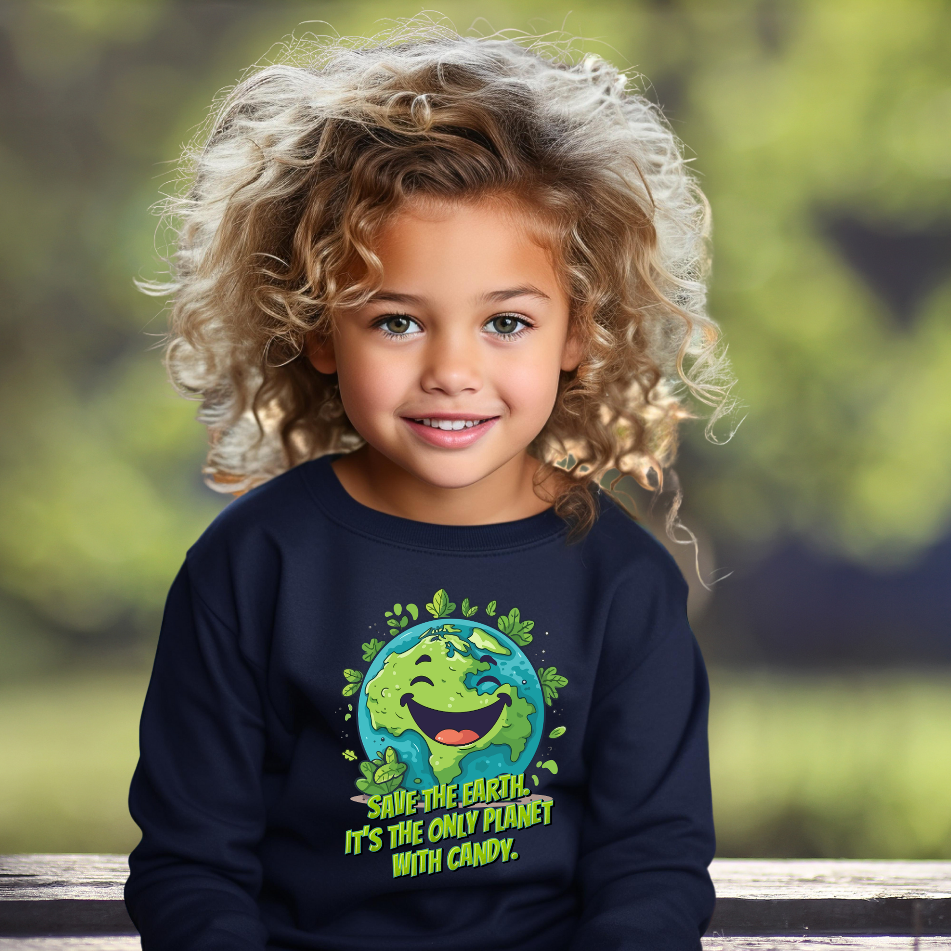 Image: Earth Day kids sweatshirt, available in white, black, grey, forest green and navy. Save the Planet youth unisex crewneck shirt with large cartoon smiling planet earth, with water and leaves. Text reads Save the Earth! Its the only planet with candy! Makes a great gift and reminder to save our planet, by jaecrece