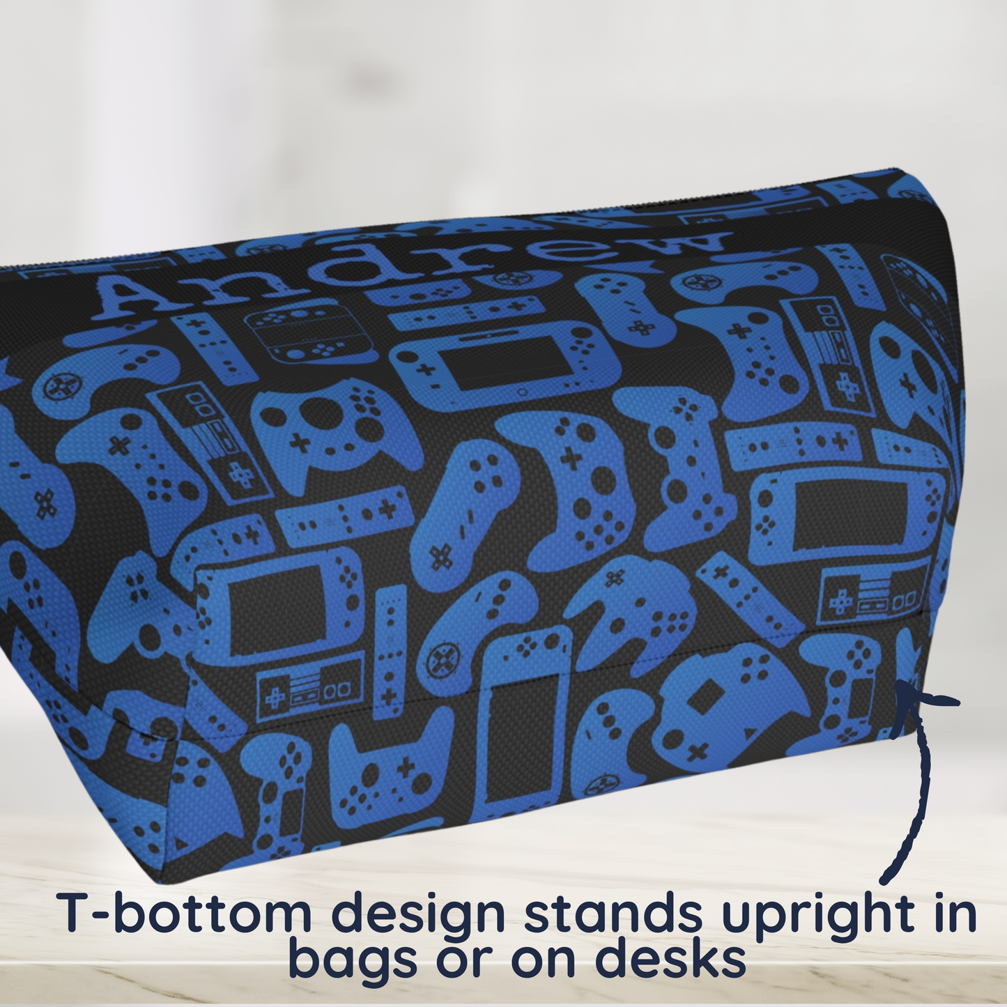 Blue & Black Retro Gaming Controllers Accessory Pouch | Personalized Toiletry Bag