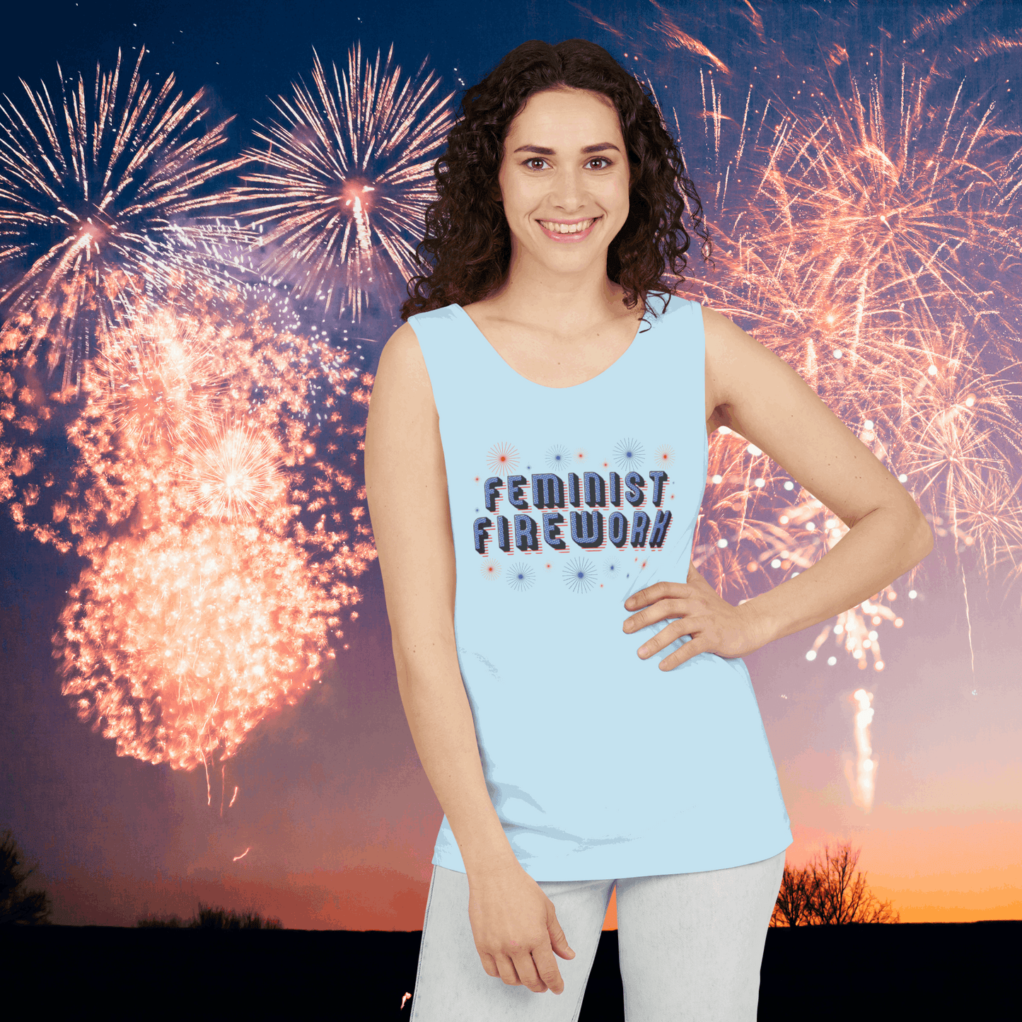 Show off your feminist pride in this patriotic tank top featuring a firework background and red, white, and blue lettering. This soft and comfortable Comfort Colors tank is perfect for the 4th of July, protests, and Pride events. With a vintage vibe and activist message, this sleeveless top makes a bold statement while keeping you cool during summer heat and political action.

