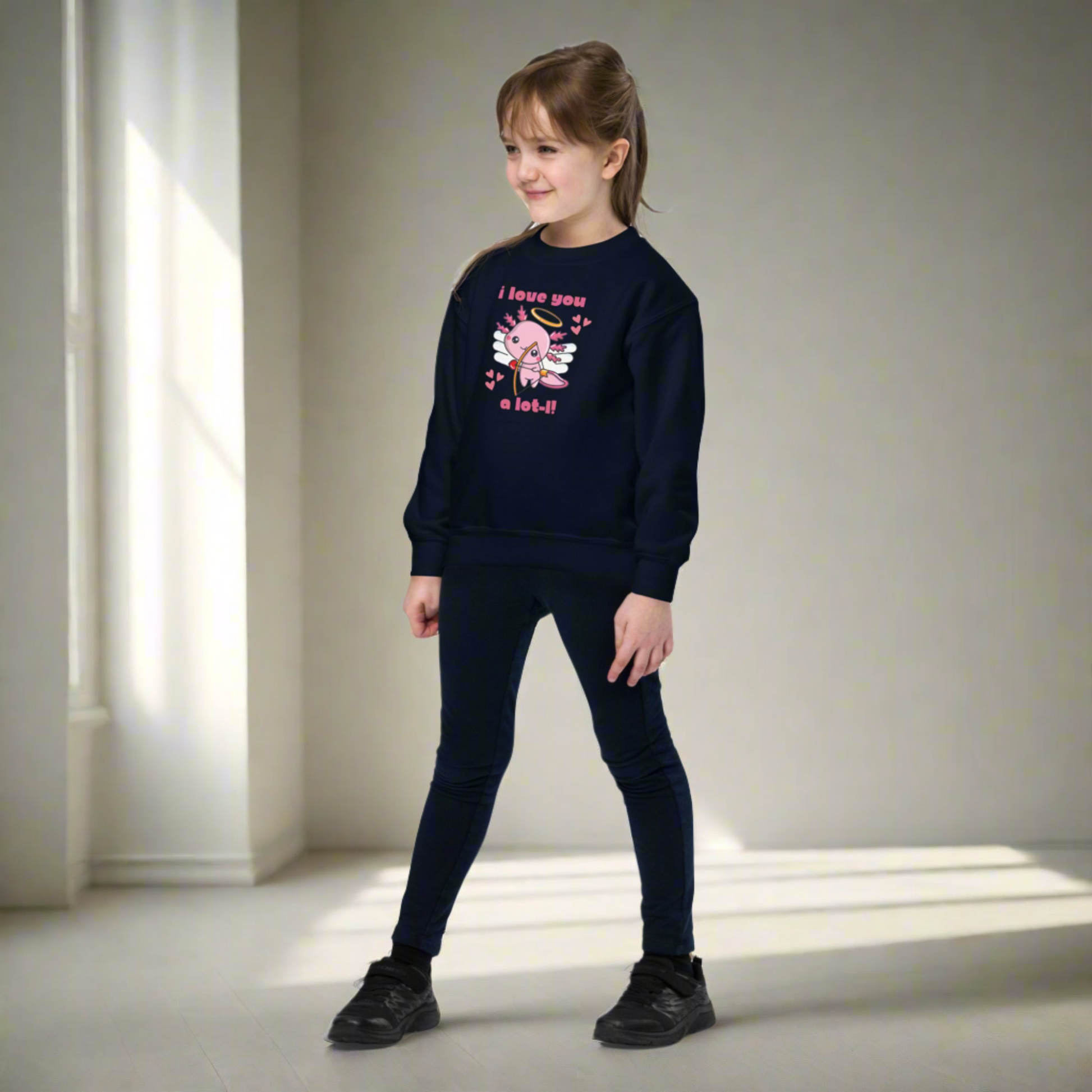 Axolotl Love Child Sweatshirt, Pink Animal Cupid Love Sweater. This Valentines Day kids pullover has a cute Mexican Salamander Axolotl Cupid with the text I Love you a Lot-L. Perfect gift for animal lover. Available in gray black white, by jaecrece