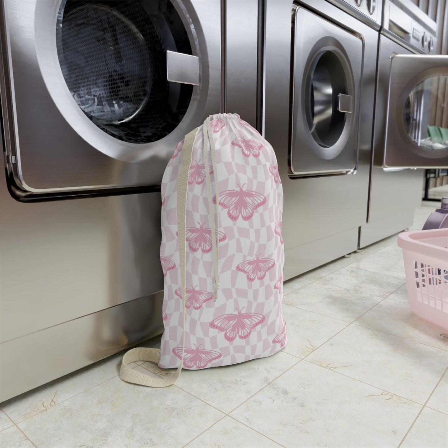Pink Butterfly Pattern Laundry Bag | Personalized Name Option