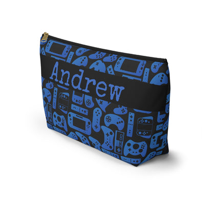 Blue & Black Retro Gaming Controllers Accessory Pouch | Personalized Toiletry Bag