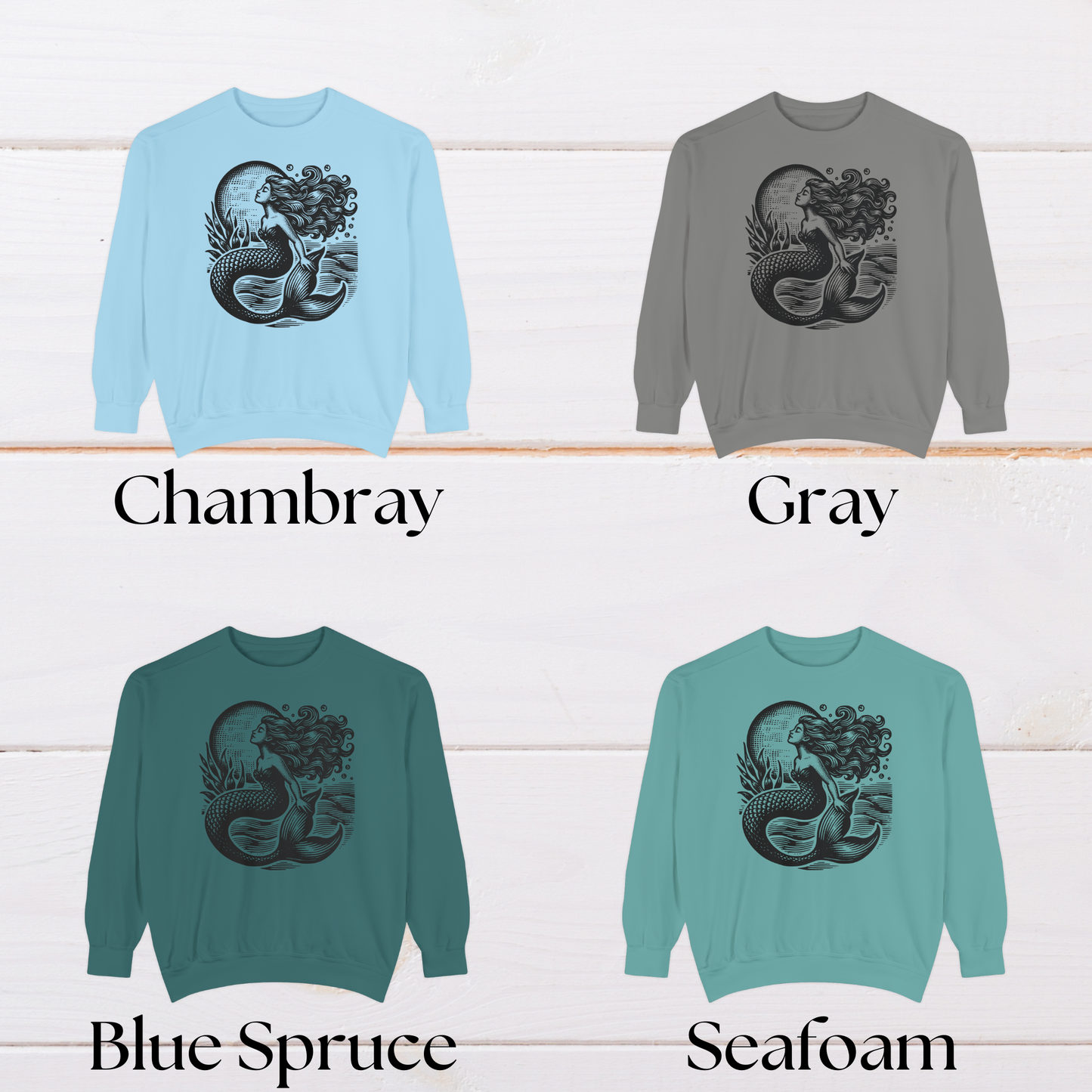 Image: Mermaid  Sweatshirt, Vintage Ocean Vibes Sweatshirt. Pullover crewneck features large black graphic with mermaid in front of the moon, in the ocean waves. Gift for women and teens who love a vintage ocean aesthetic and mermaidcore, by jaecrece