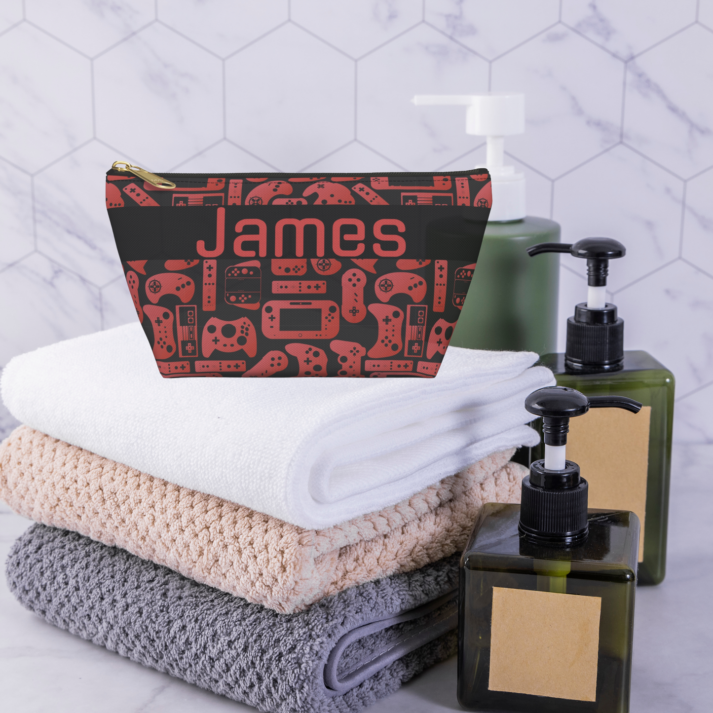 Red & Black Retro Gaming Controllers Accessory Pouch | Personalized Toiletry Bag