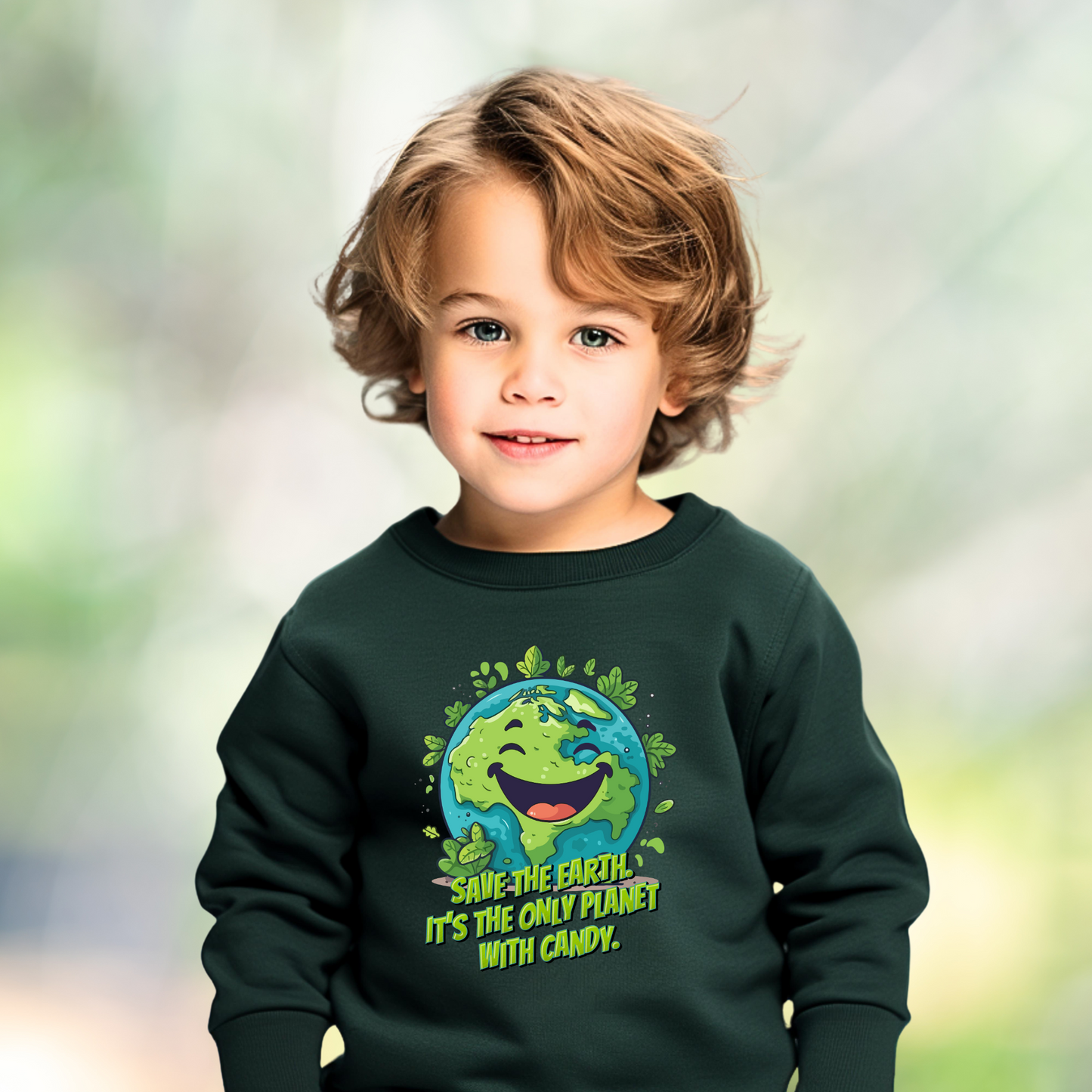 Image: Earth Day kids sweatshirt, available in white, black, grey, forest green and navy. Save the Planet youth unisex crewneck shirt with large cartoon smiling planet earth, with water and leaves. Text reads Save the Earth! Its the only planet with candy! Makes a great gift and reminder to save our planet, by jaecrece