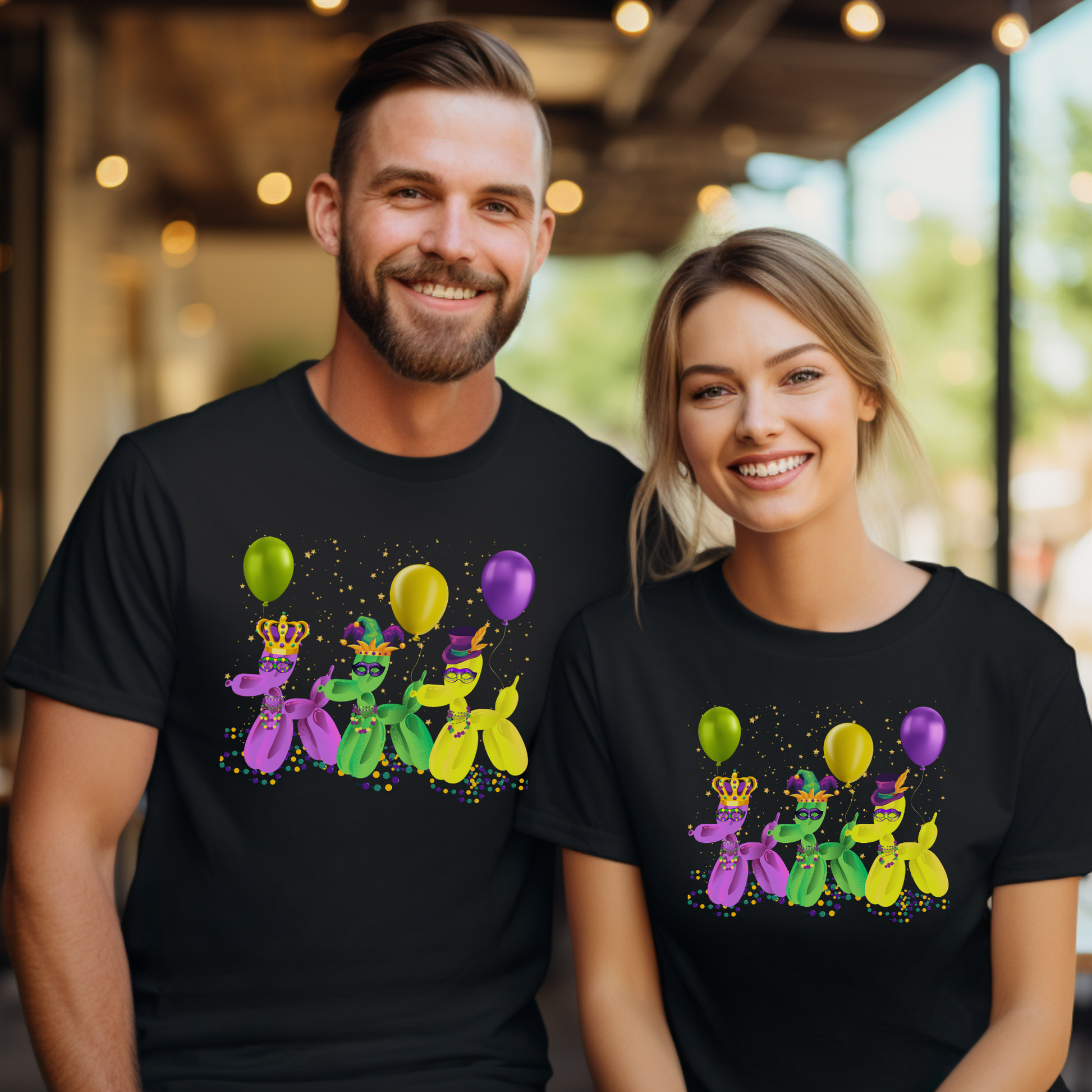 Image: Mardi Gras Balloon Dog Adult Shirt. This New Orleans Carnival tee features three balloons dogs, wearing Mardi Gras masks and hats. They have beads and balloons with confetti, by jaecrece