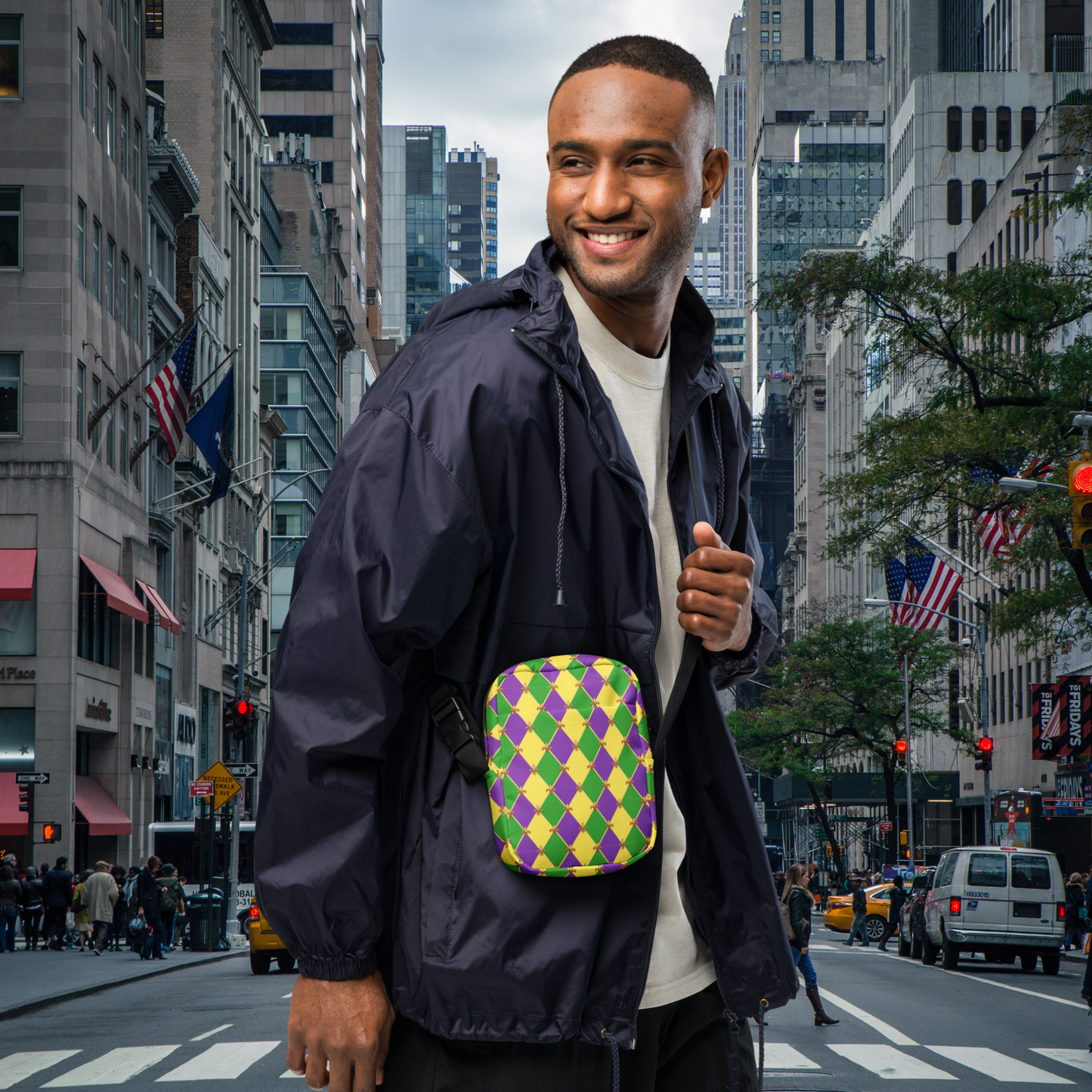 Image: Mardi Gras cross body bag. This small canvas tote is shows the Fleur de Lis on a purple, green and yellow diamond print background. It can be worn to your New Orleans carnival parade across the chest, hips or waist. The perfect fanny pack for your celebrations! by jaecrece