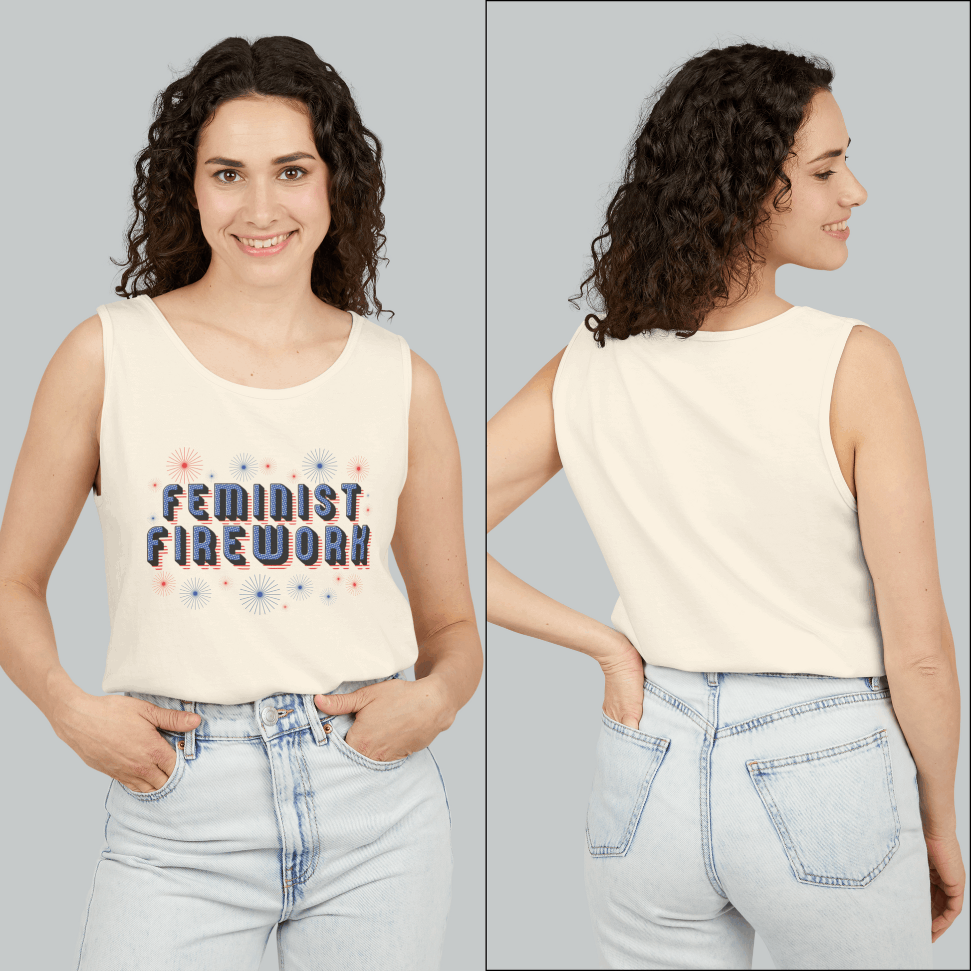 Feminist Firework tank top for women, designed with vintage red, white, and blue lettering and a firework burst graphic. Great for celebrating July 4th, Pride, or women’s rights protests, this activist tank is made from soft Comfort Colors cotton with a garment-dyed finish. Ideal for summer events, family matching outfits, or as a bold statement piece for those who believe in equality and freedom.