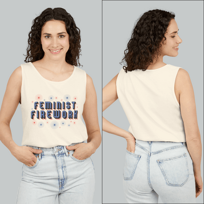 Feminist Firework tank top for women, designed with vintage red, white, and blue lettering and a firework burst graphic. Great for celebrating July 4th, Pride, or women’s rights protests, this activist tank is made from soft Comfort Colors cotton with a garment-dyed finish. Ideal for summer events, family matching outfits, or as a bold statement piece for those who believe in equality and freedom.