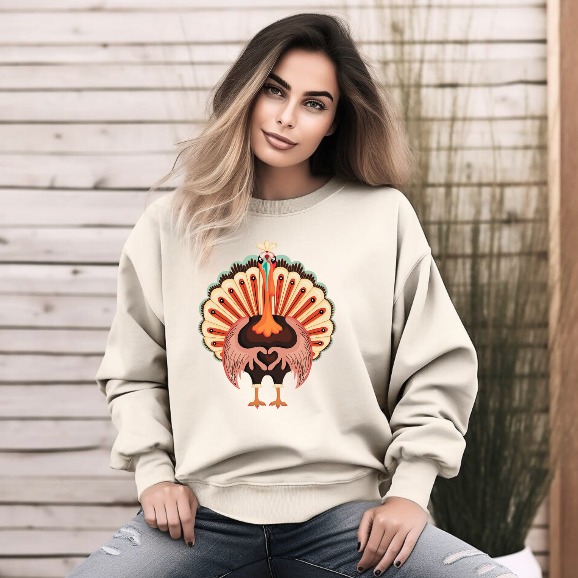 Image: Turkey Day Sweatshirt in Womens Sizes. This Turkey Day Sweater features a large Turkey making the love sign with his hands. This cozy pullover makes a perfect gift, by jaecrece