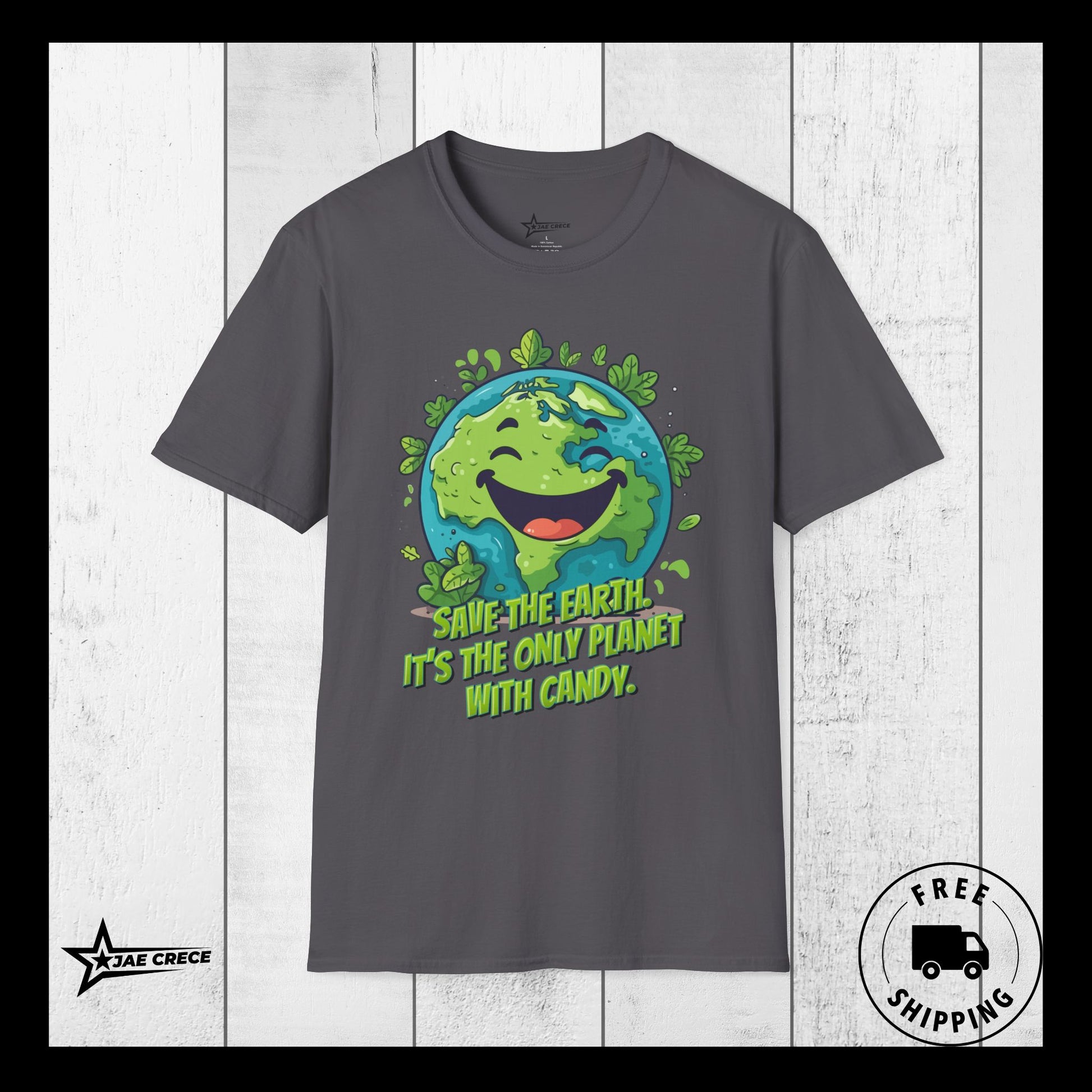 Image: Earth Day tee adult unisex crewneck shirt with large cartoon smiling planet earth, with water and leaves. Text reads Save the Earth! Its the only planet with candy! Makes a great gift and reminder to save our planet, by jaecrece