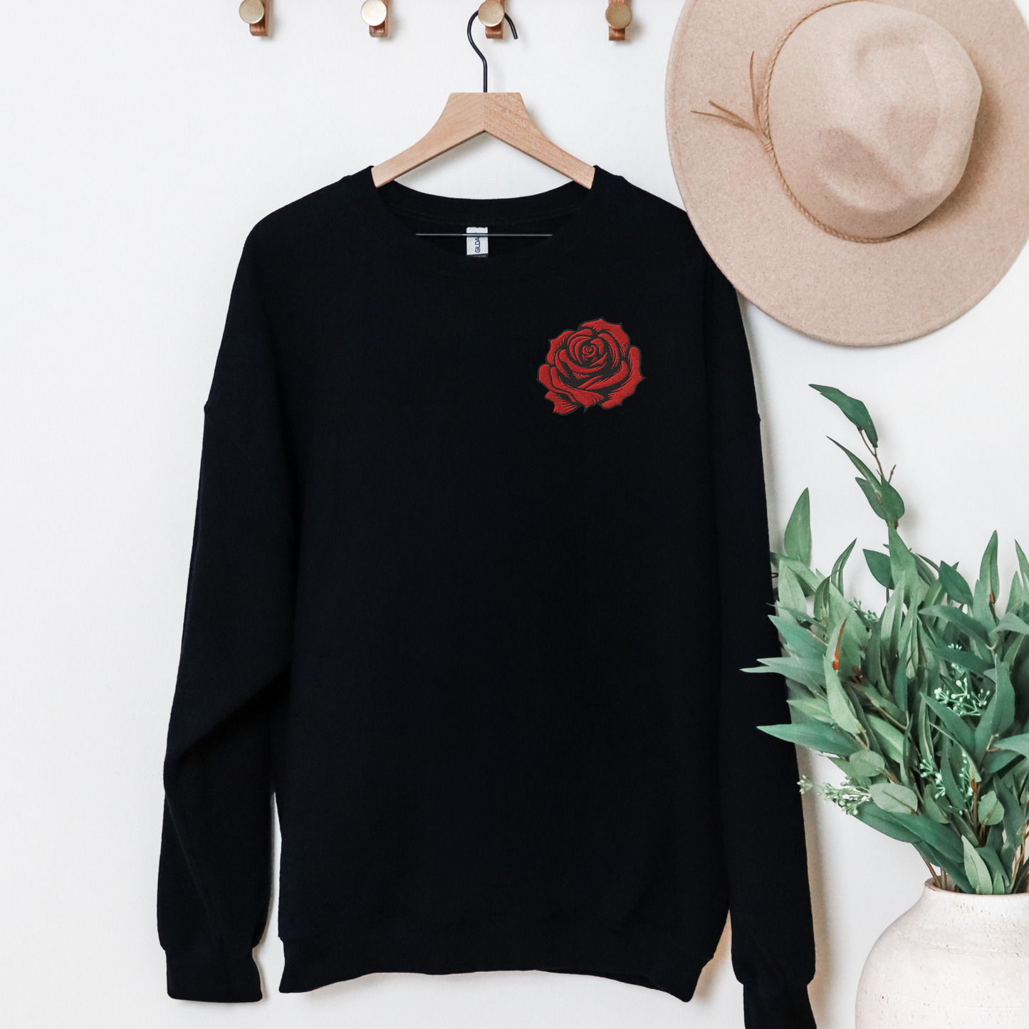 Image: Red Rose Embroidered Sweatshirt, available in Black or Sand. Features a deep red rose with black edges. Perfect for Valentine's Day or a romantic gift, by jaecrece