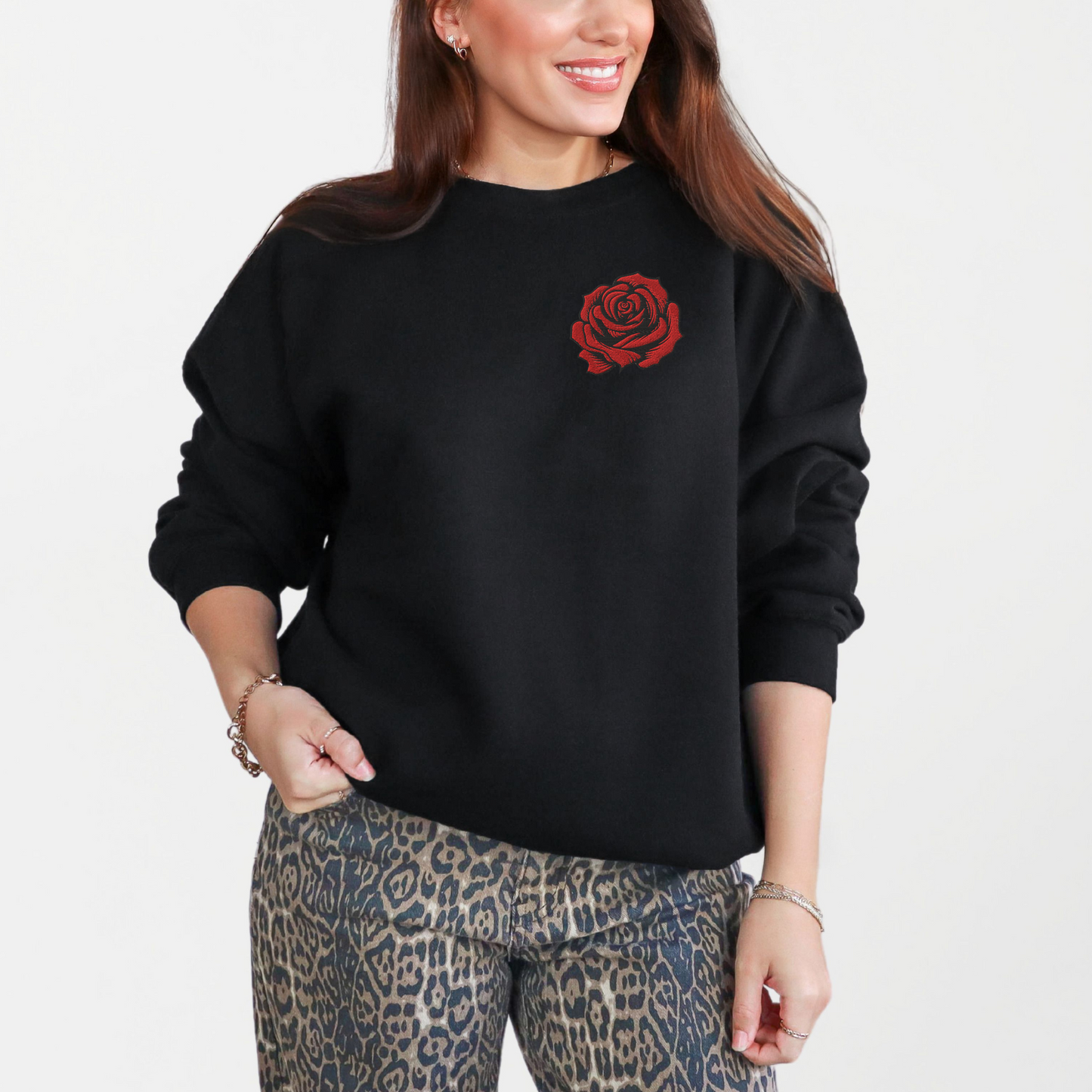 Image: Red Rose Embroidered Sweatshirt, available in Black or Sand. Features a deep red rose with black edges. Perfect for Valentine's Day or a romantic gift, by jaecrece