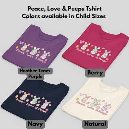 Image: Peace Love and Peeps Easter Shirt for Adults and Children. This Mommy and Me Match Easter Tee features Peeps Easter Candy with Easter Eggs and Daisies. A great Easter shirt for your family holiday celebrations, by jaecrece