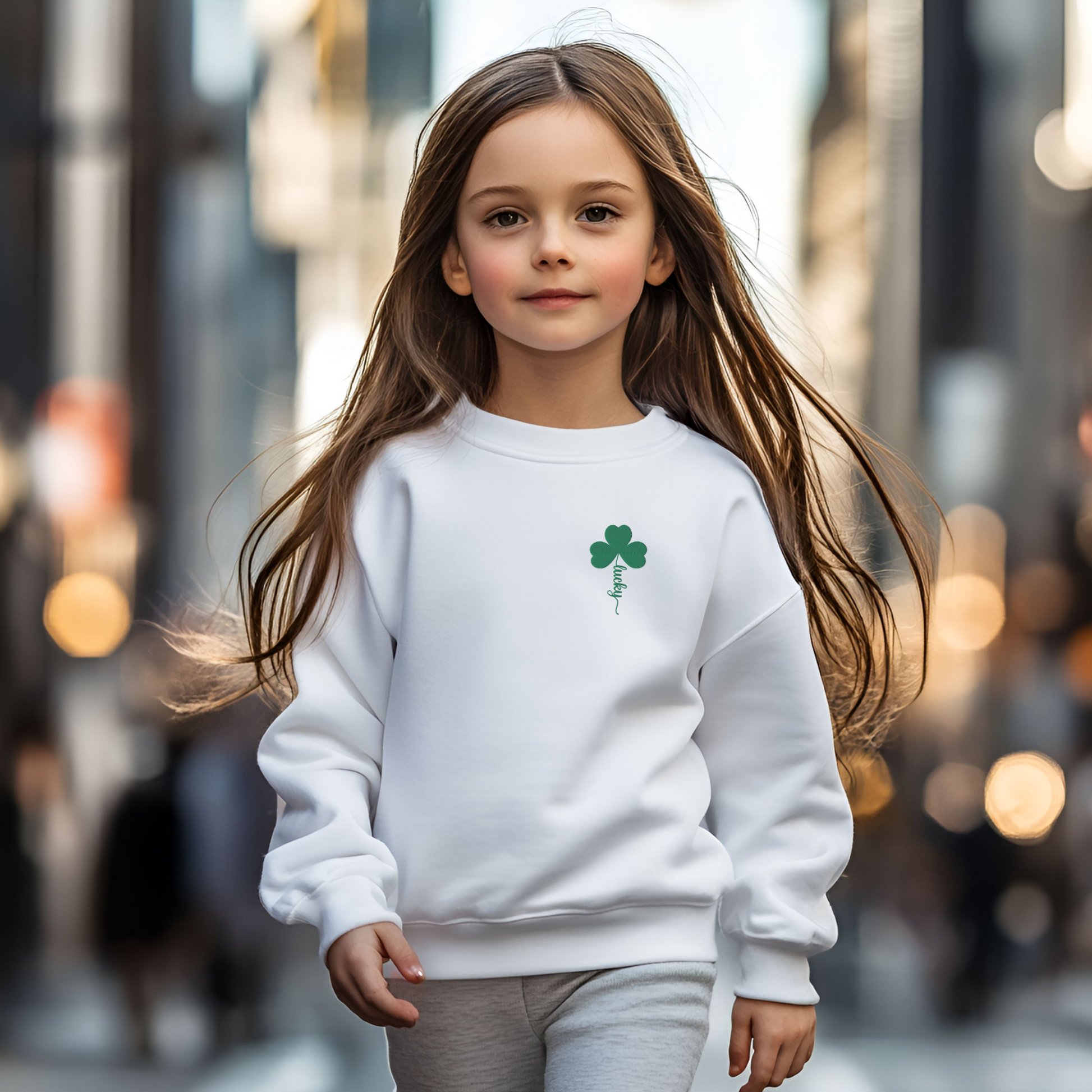 Image: St Patricks Day Emboidered Shamrock Lucky Sweatshirt. This white crewneck pullover has embroidered green four leaf clover, and stem of the  clover spells Lucky. Available in sizes for toddlers, girls, boys tweens, by jaecrece