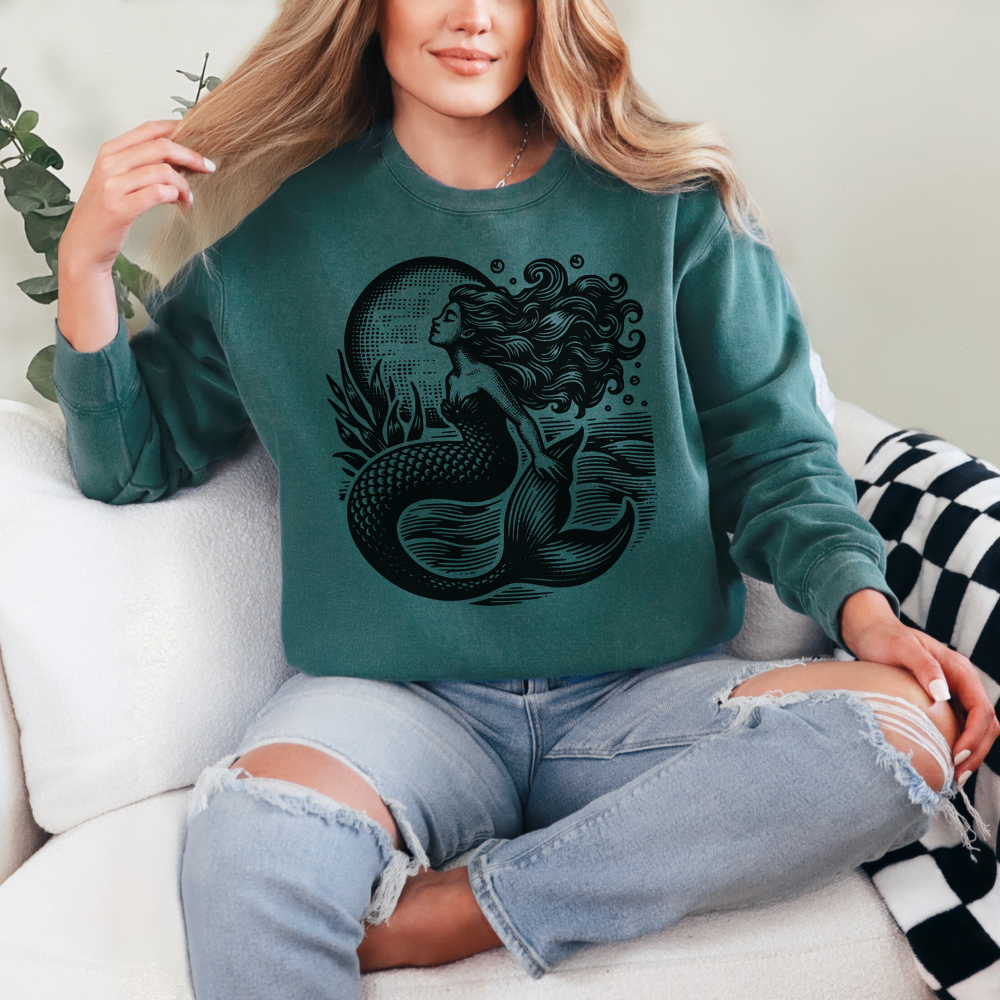 Image: Mermaid  Sweatshirt, Vintage Ocean Vibes Sweatshirt. Pullover crewneck features large black graphic with mermaid in front of the moon, in the ocean waves. Gift for women and teens who love a vintage ocean aesthetic and mermaidcore, by jaecrece