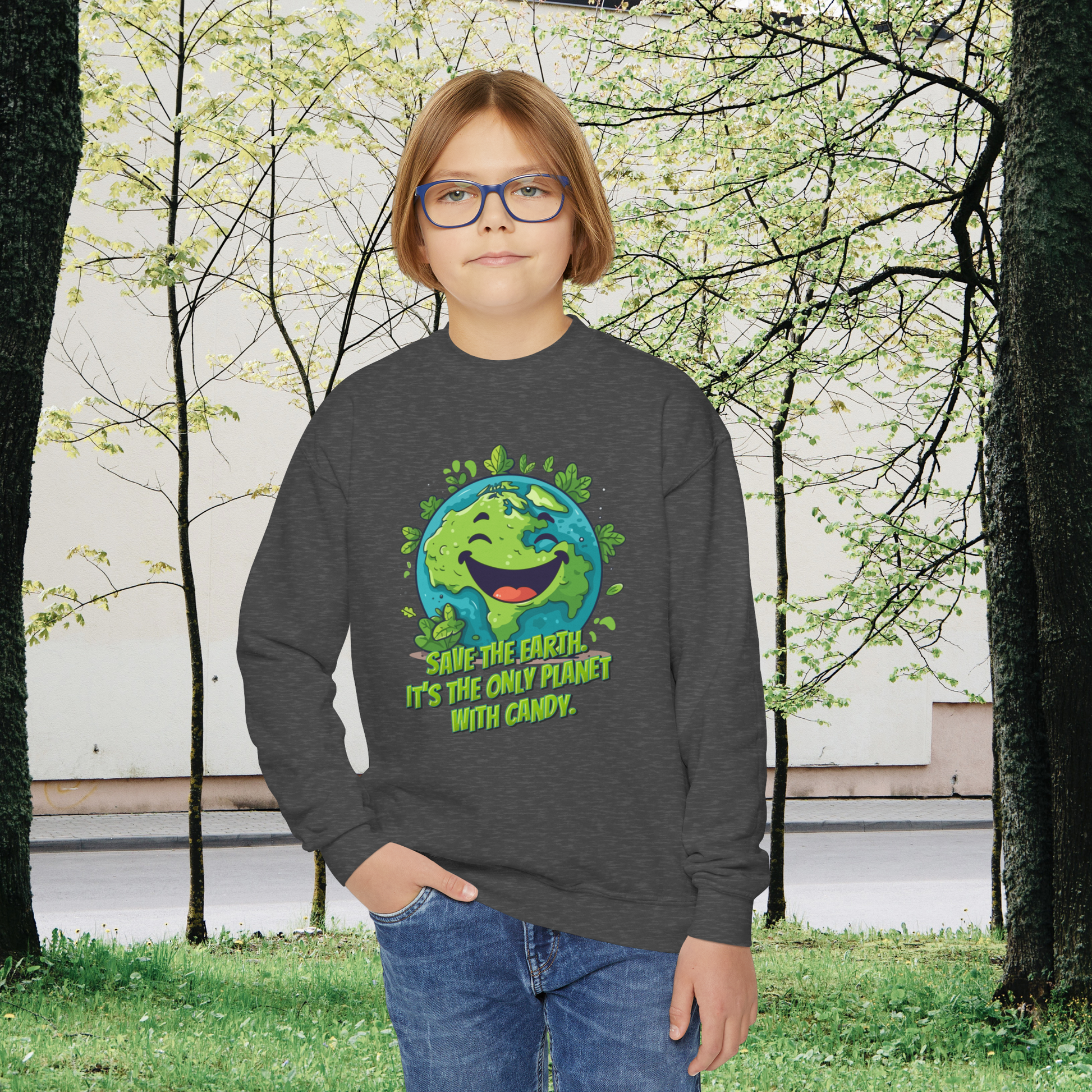 Image: Earth Day kids sweatshirt, available in white, black, grey, forest green and navy. Save the Planet youth unisex crewneck shirt with large cartoon smiling planet earth, with water and leaves. Text reads Save the Earth! Its the only planet with candy! Makes a great gift and reminder to save our planet, by jaecrece