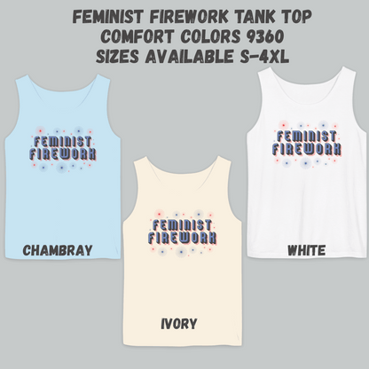 This retro-inspired Feminist Firework tank top is perfect for patriotic holidays, featuring red, white, and blue graphics with a firework design. Crafted from soft Comfort Colors cotton, this tank celebrates feminism and freedom in style. Great for 4th of July barbecues, protest marches, or casual summer outfits, it’s a fun and fierce way to show your support for women’s rights.