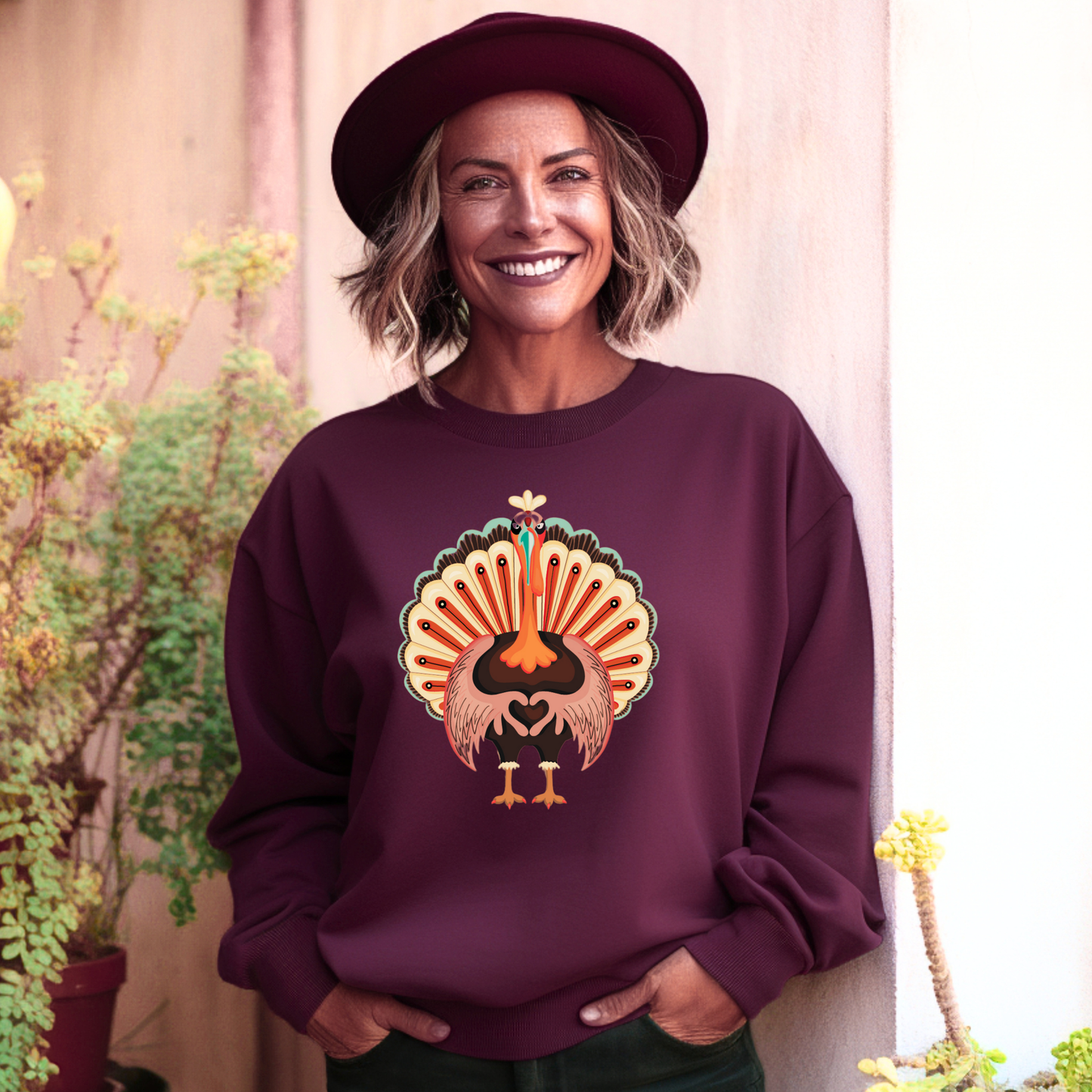 Image: Turkey Day Sweatshirt in Womens Sizes. This Turkey Day Sweater features a large Turkey making the love sign with his hands. This cozy pullover makes a perfect gift, by jaecrece