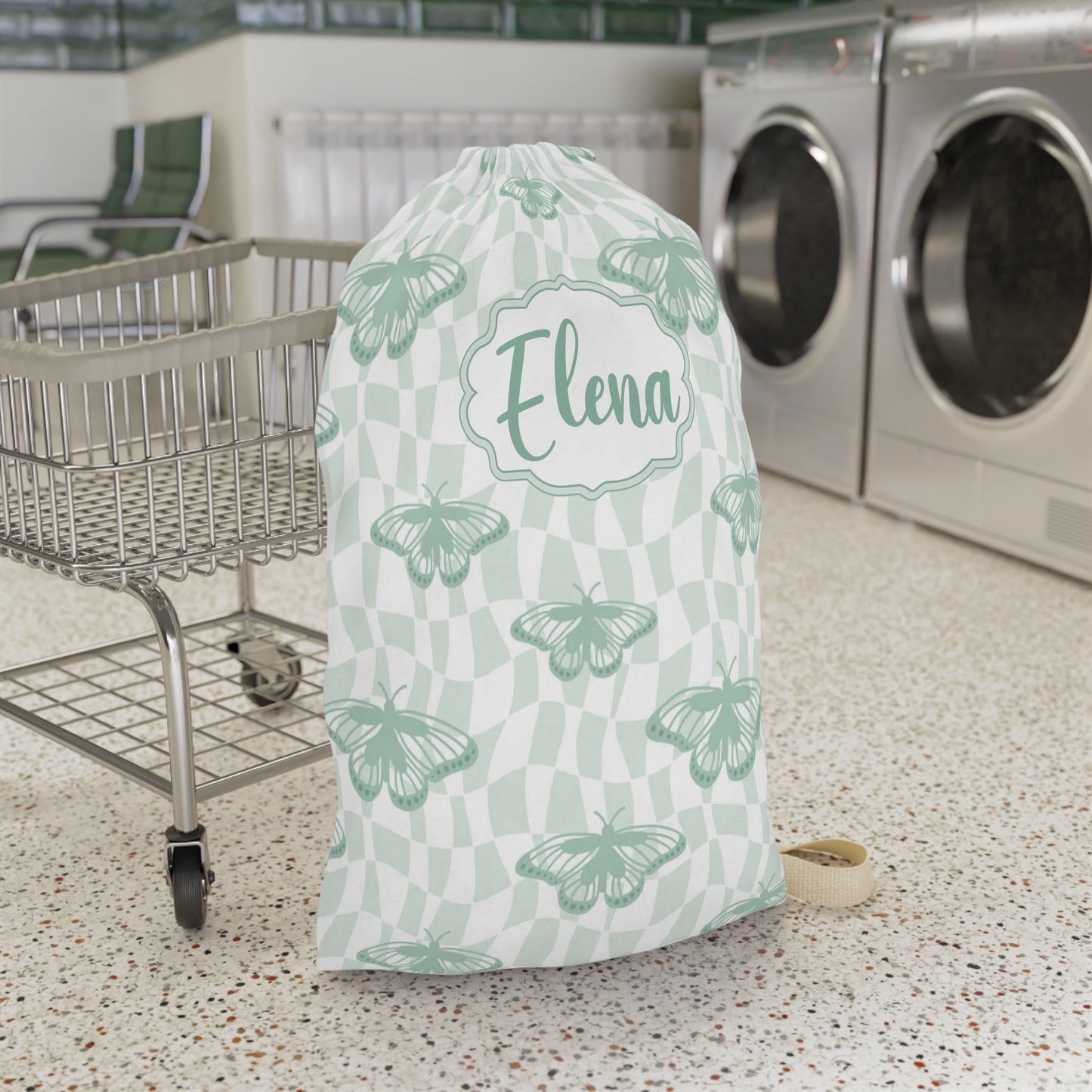 Green Butterfly Pattern Laundry Bag | Personalized Name Option