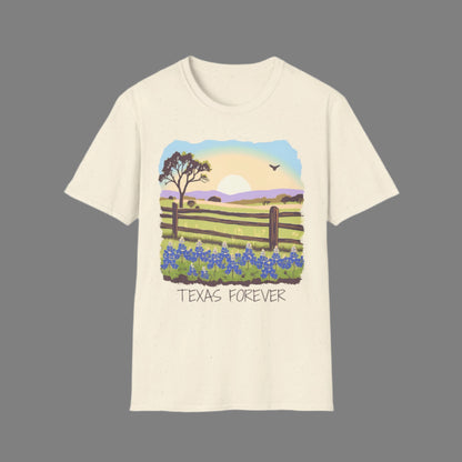 Image: A soft, stylish T-shirt featuring a breathtaking Texas Hill Country scene with bluebonnets in full bloom beneath a warm sunset sky. The phrase "Texas Forever" is printed across the design, making this a perfect tribute to the Lone Star State. Ideal for country music lovers, outdoor enthusiasts, or anyone who cherishes Texas wildflowers. A must-have for showcasing Texas pride in a casual and comfortable way, by jaecrece.