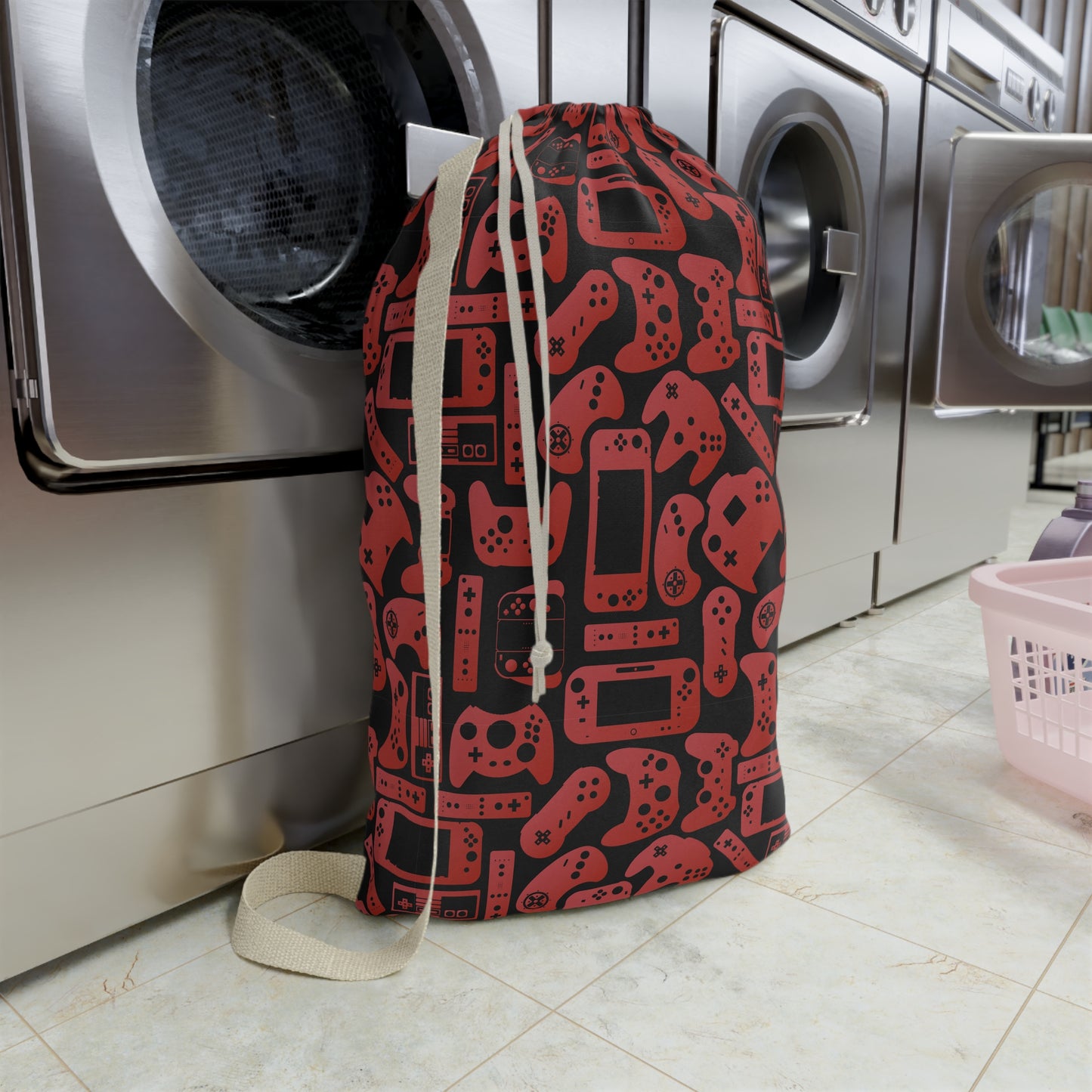 Black & Red Gamer Laundry Bag, Custom Name Drawstring Laundry Bag