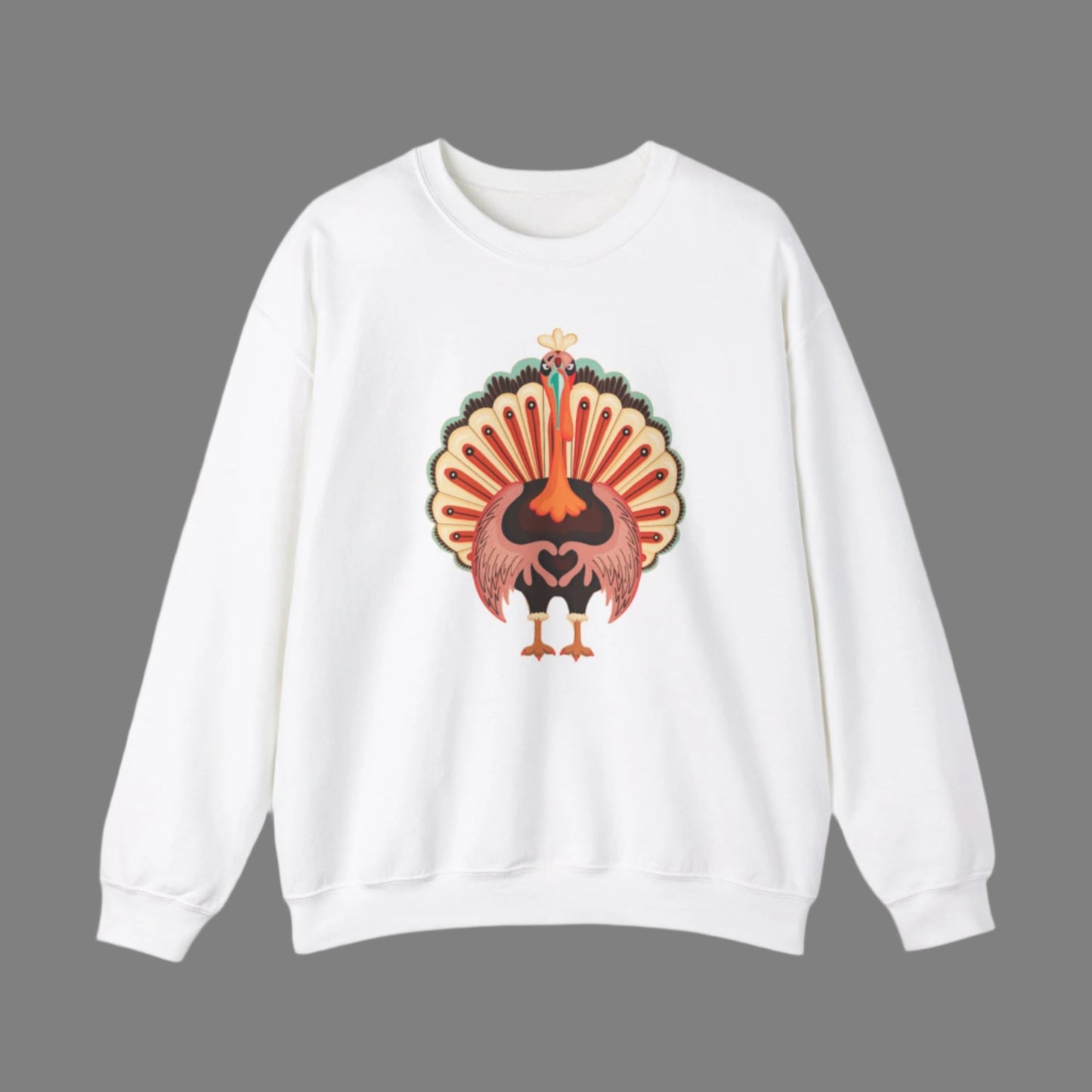 Image: Turkey Day Sweatshirt in Womens Sizes. This Turkey Day Sweater features a large Turkey making the love sign with his hands. This cozy pullover makes a perfect gift, by jaecrece